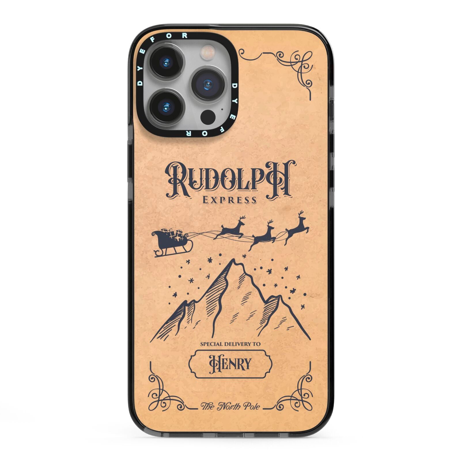 Rudolph Express Custom iPhone 13 Pro Max Black Impact Case on Silver phone