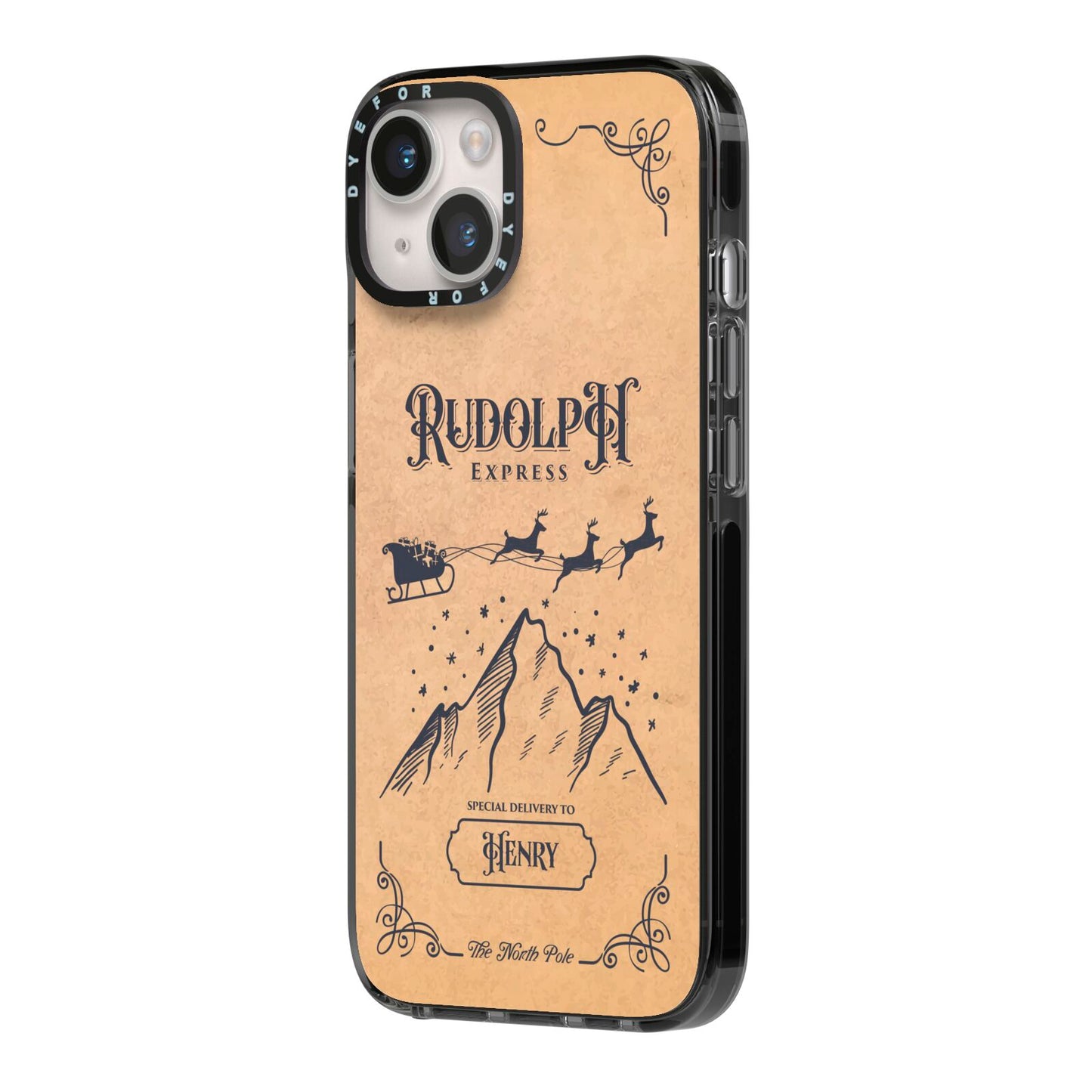 Rudolph Express Custom iPhone 14 Black Impact Case Side Angle on Silver phone