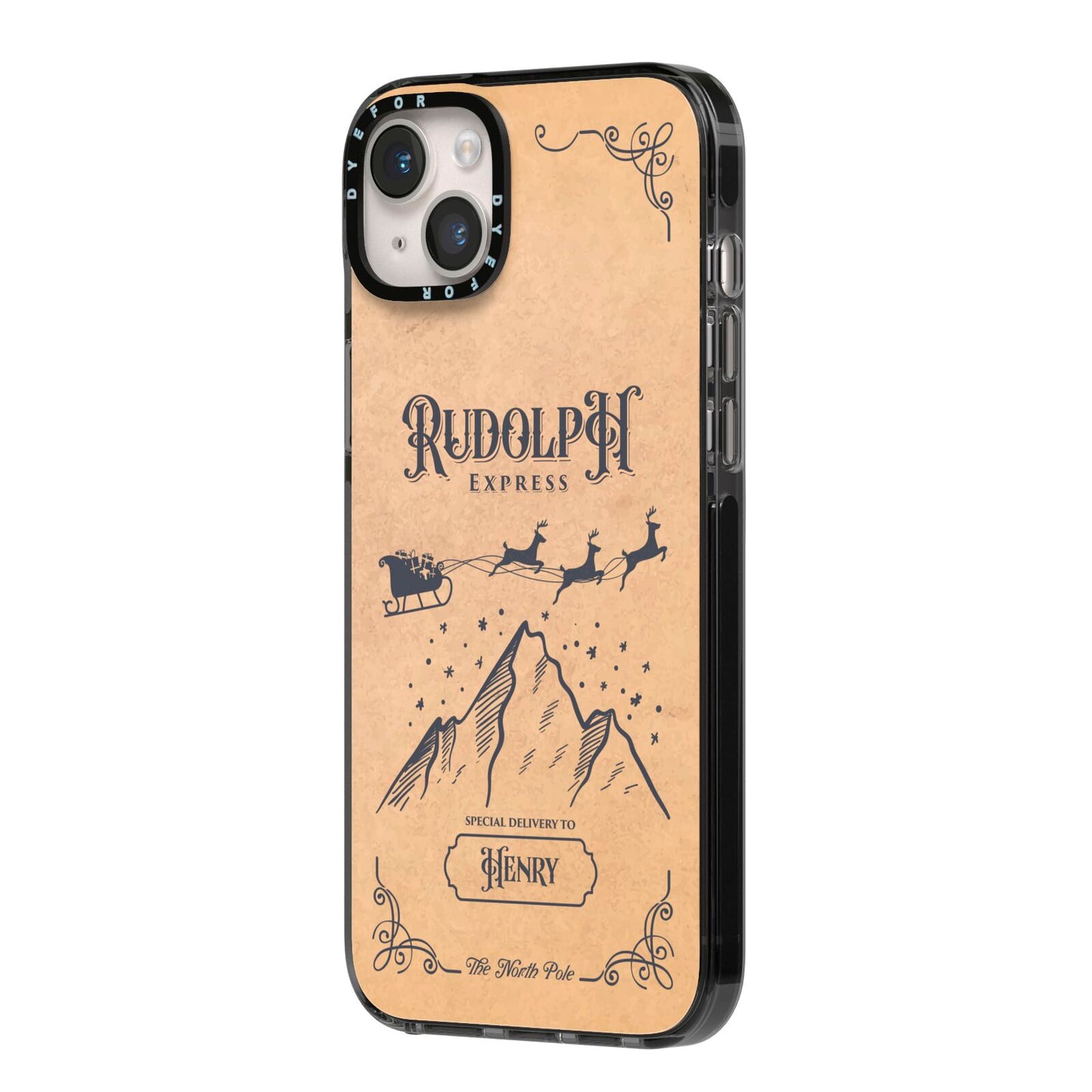 Rudolph Express Custom iPhone 14 Plus Black Impact Case Side Angle on Silver phone