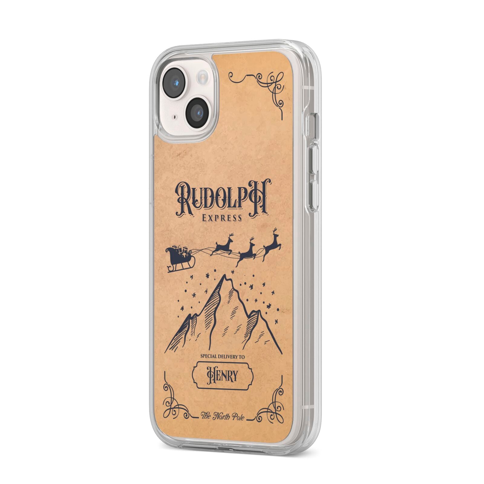 Rudolph Express Custom iPhone 14 Plus Clear Tough Case Starlight Angled Image