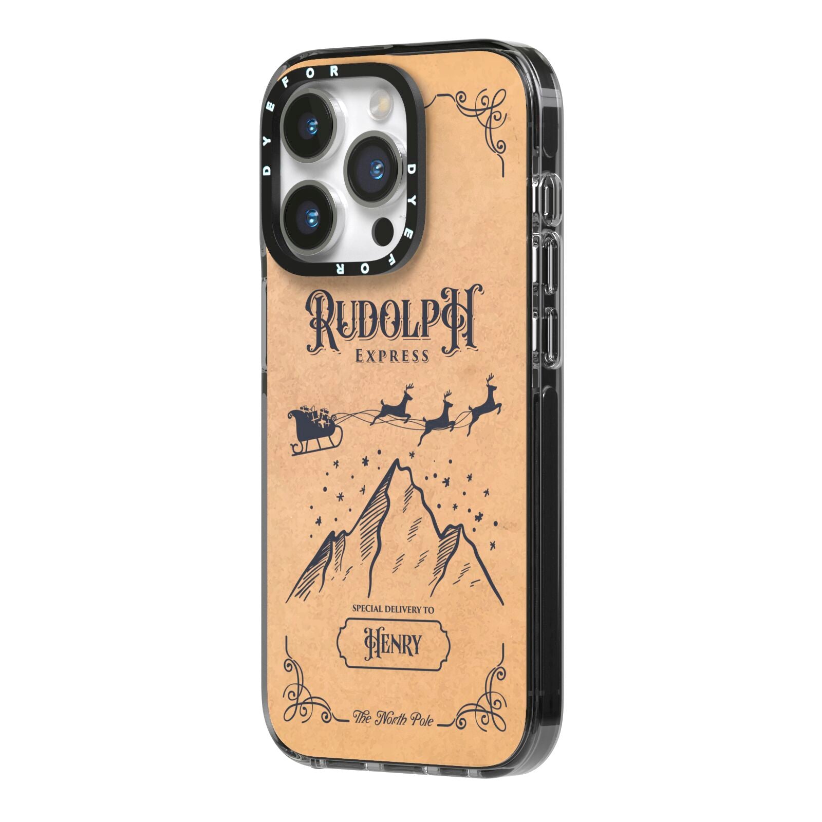 Rudolph Express Custom iPhone 14 Pro Black Impact Case Side Angle on Silver phone