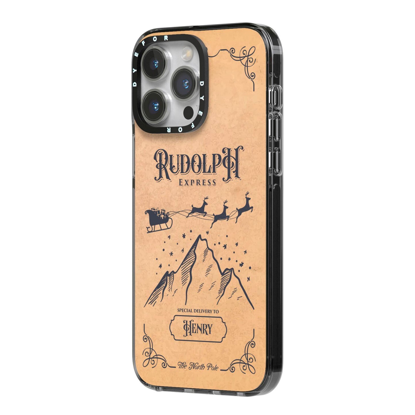 Rudolph Express Custom iPhone 14 Pro Max Black Impact Case Side Angle on Silver phone