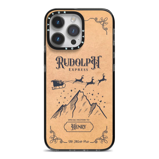 Rudolph Express Custom iPhone 14 Pro Max Black Impact Case on Silver phone