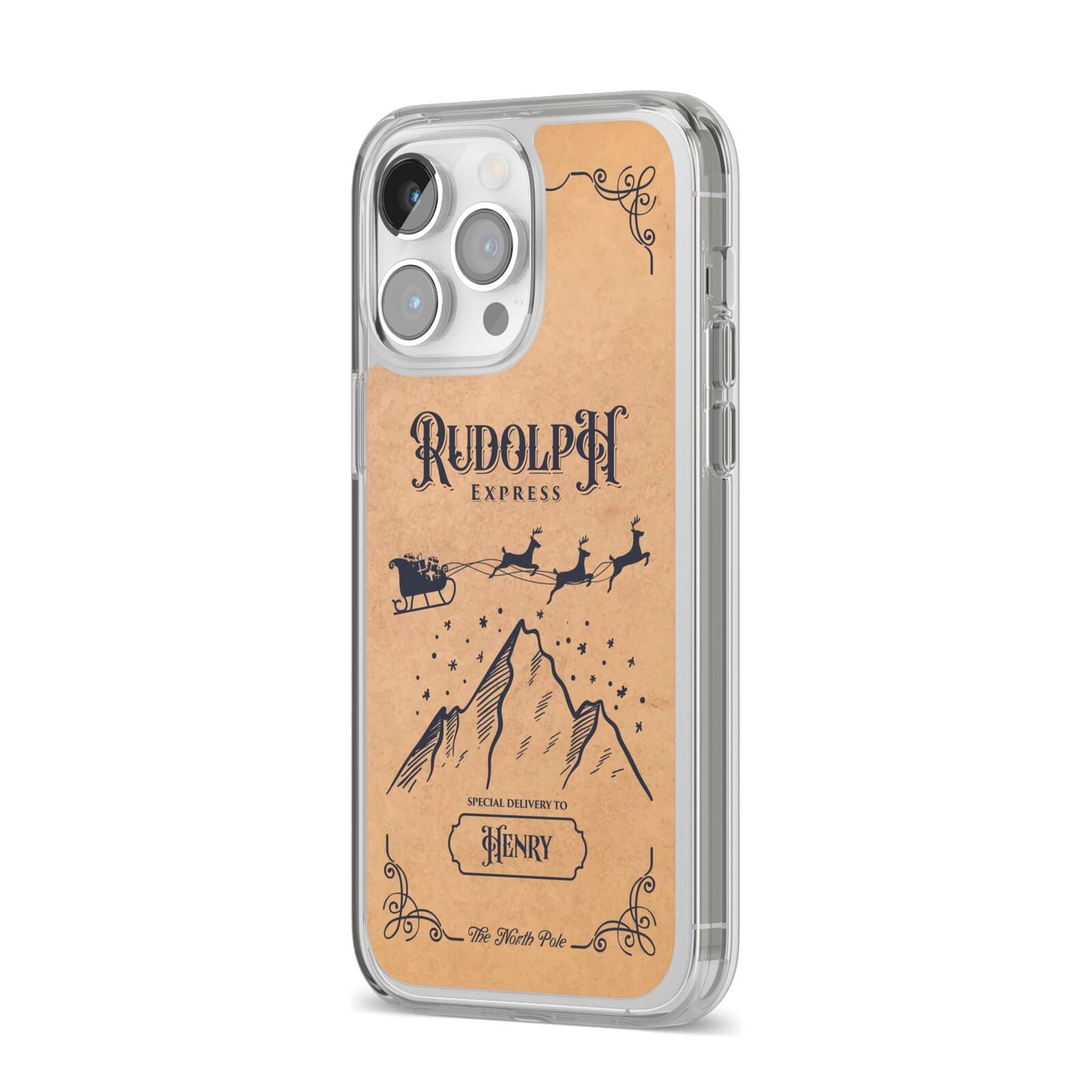 Rudolph Express Custom iPhone 14 Pro Max Clear Tough Case Silver Angled Image