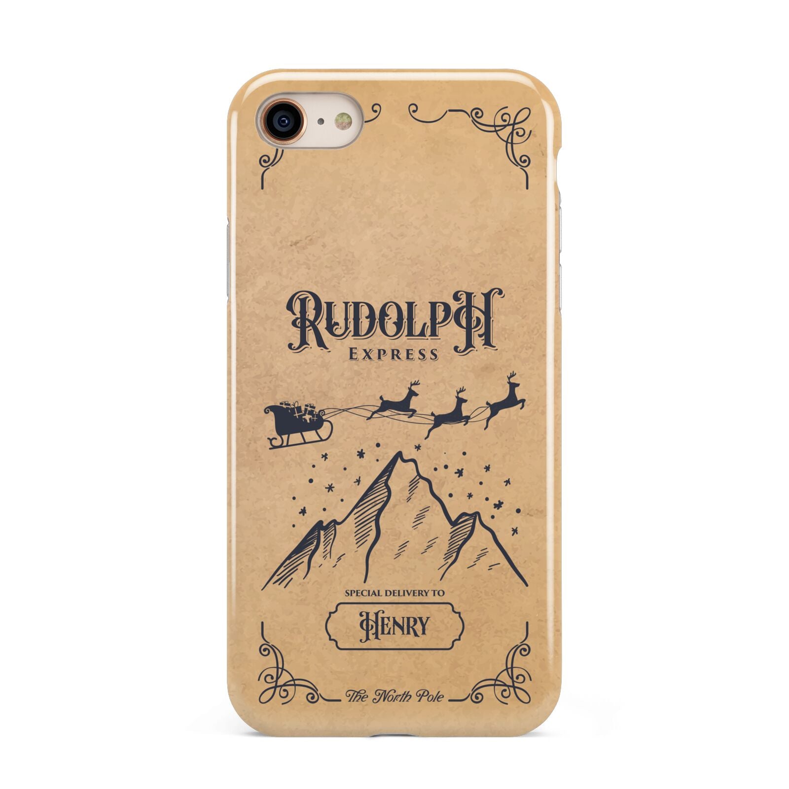 Rudolph Express Custom iPhone 8 3D Tough Case on Gold Phone