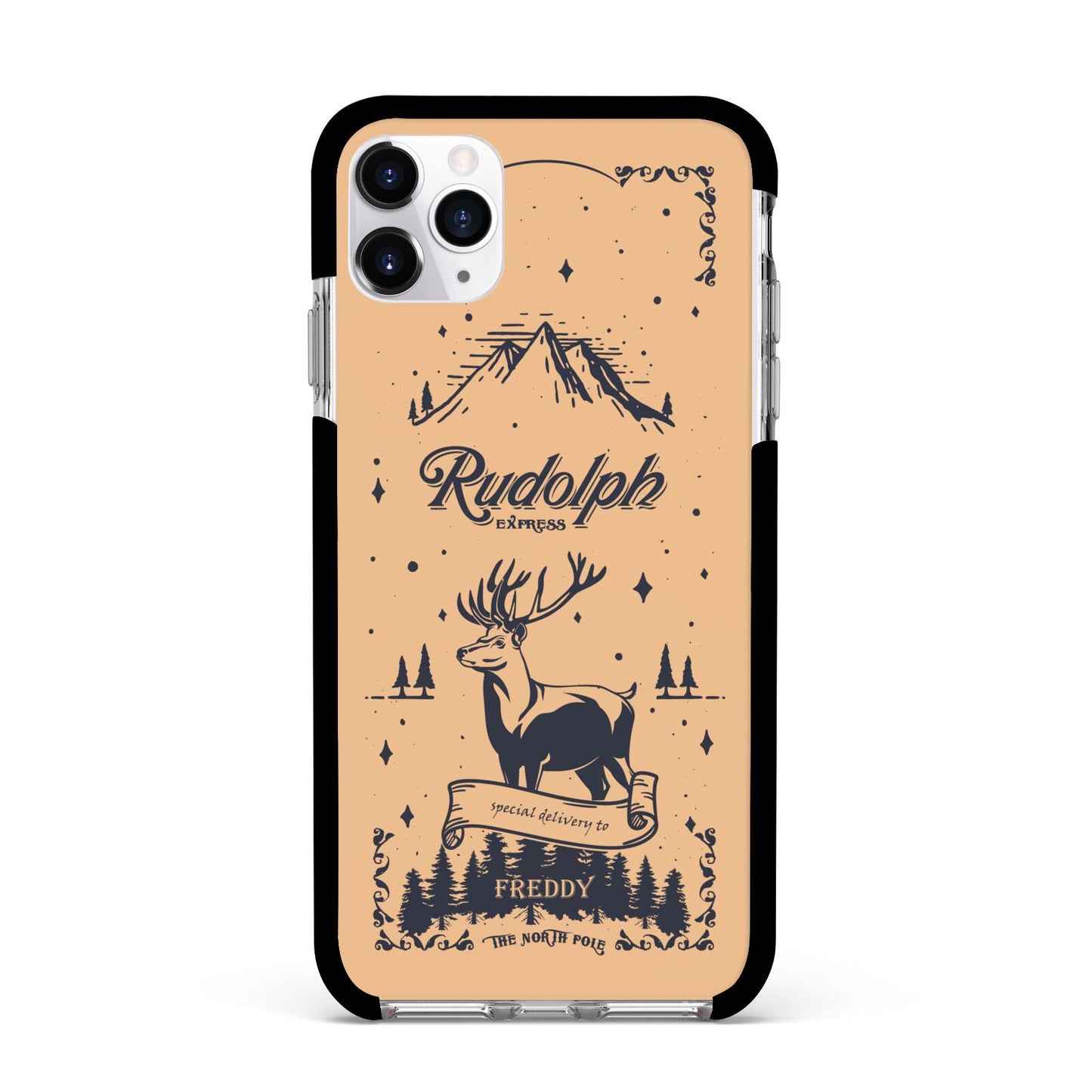 Rudolph Express Personalised Apple iPhone 11 Pro Max in Silver with Black Impact Case