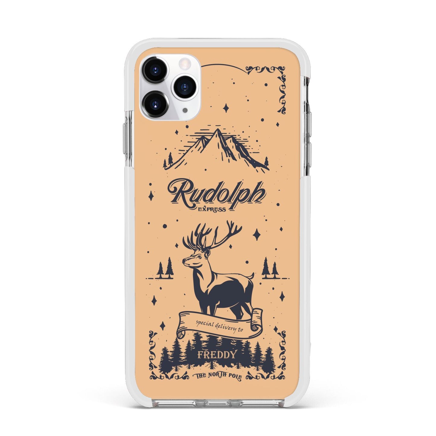 Rudolph Express Personalised Apple iPhone 11 Pro Max in Silver with White Impact Case