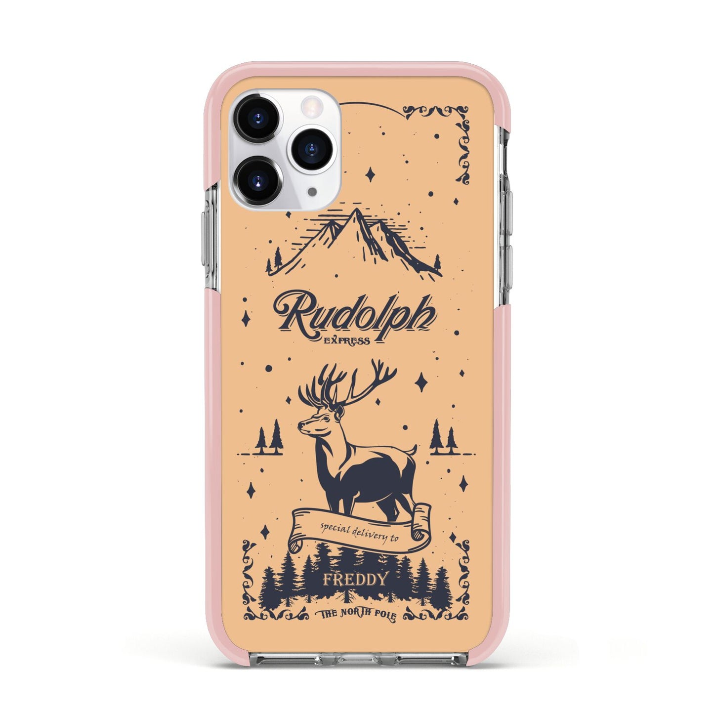 Rudolph Express Personalised Apple iPhone 11 Pro in Silver with Pink Impact Case