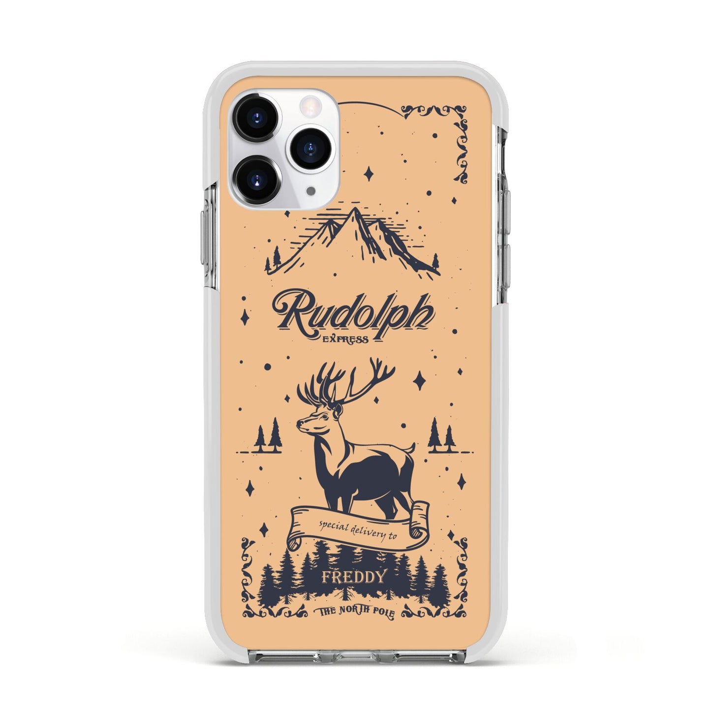 Rudolph Express Personalised Apple iPhone 11 Pro in Silver with White Impact Case