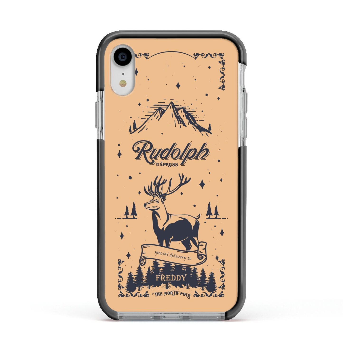 Rudolph Express Personalised Apple iPhone XR Impact Case Black Edge on Silver Phone