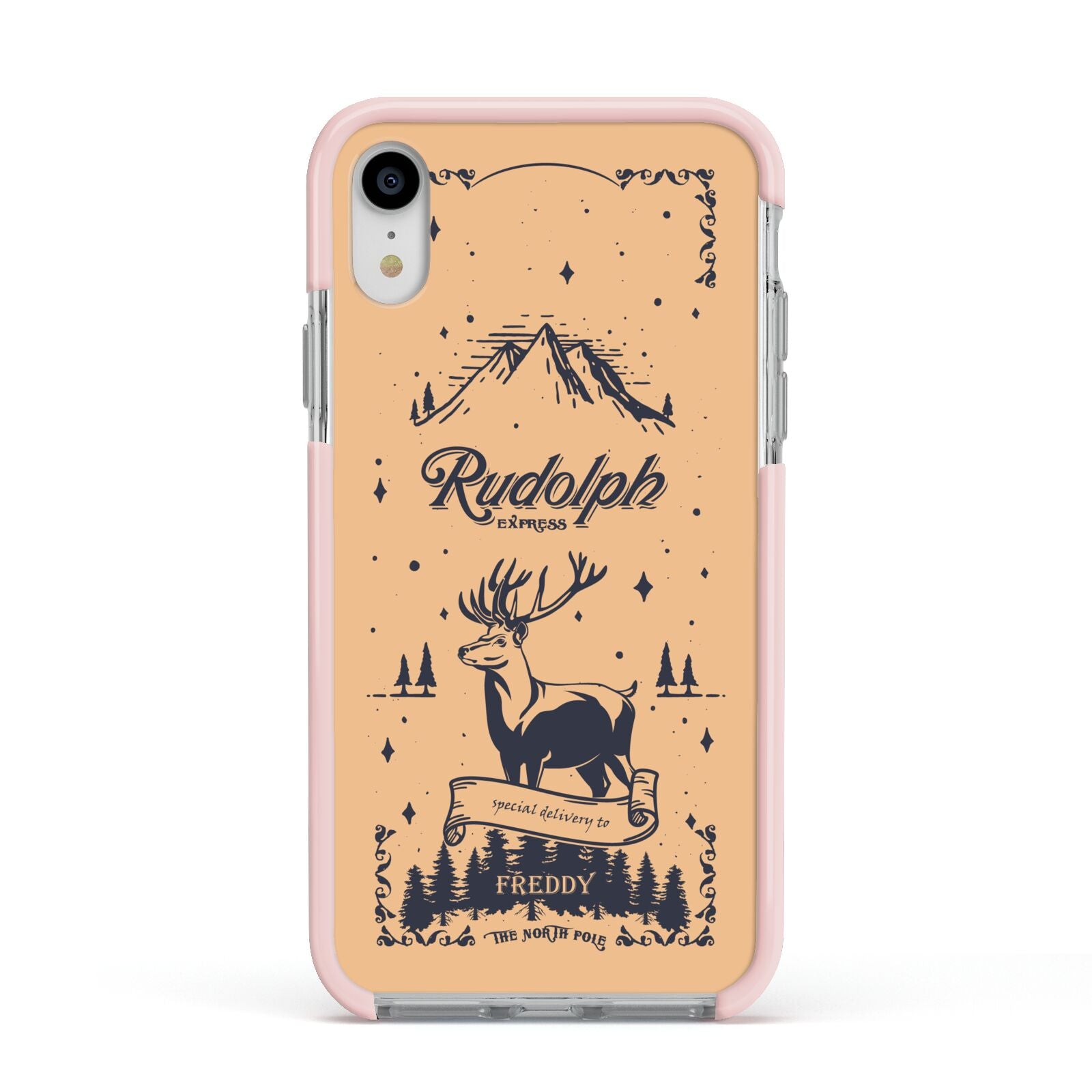 Rudolph Express Personalised Apple iPhone XR Impact Case Pink Edge on Silver Phone