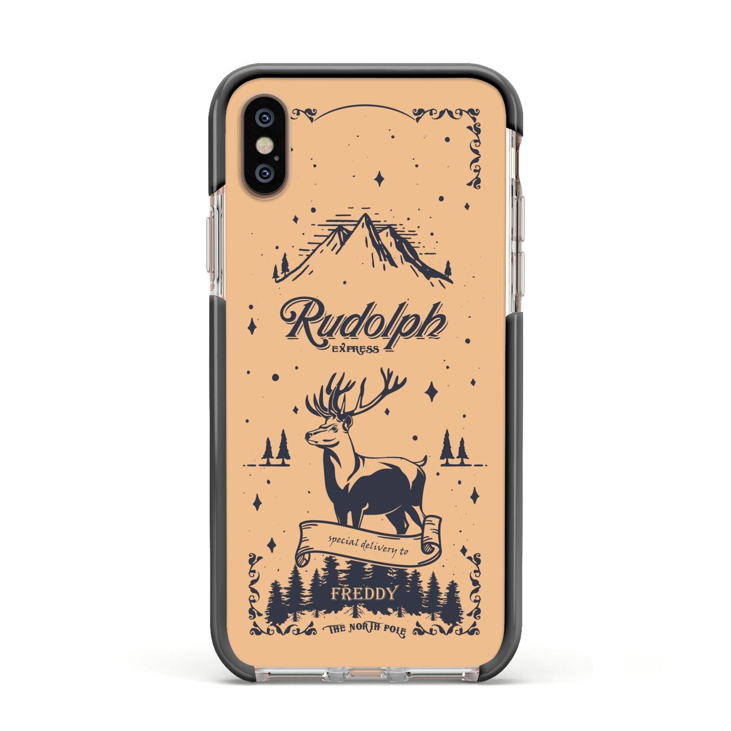 Rudolph Express Personalised Apple iPhone Xs Impact Case Black Edge on Gold Phone