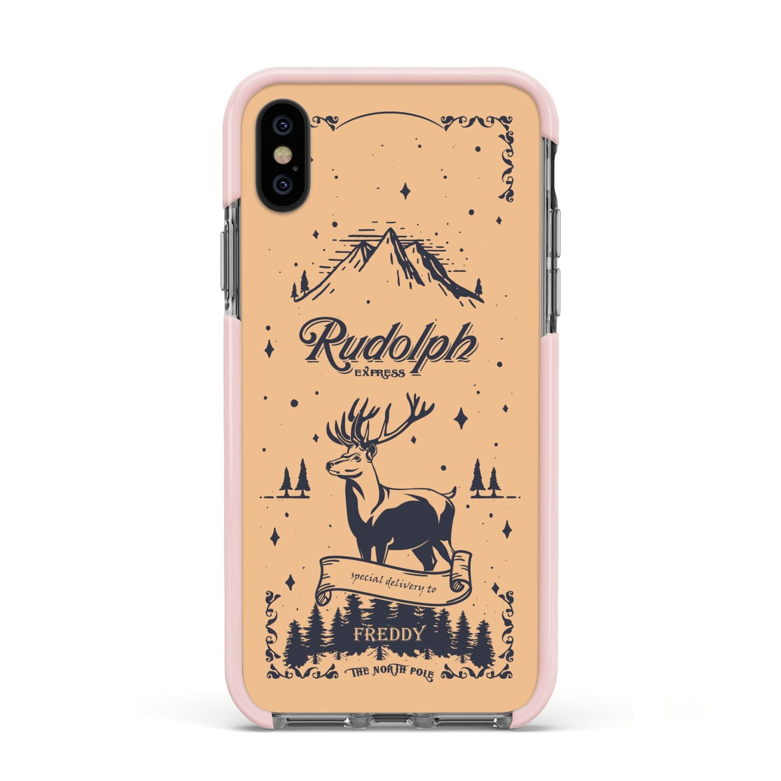 Rudolph Express Personalised Apple iPhone Xs Impact Case Pink Edge on Black Phone