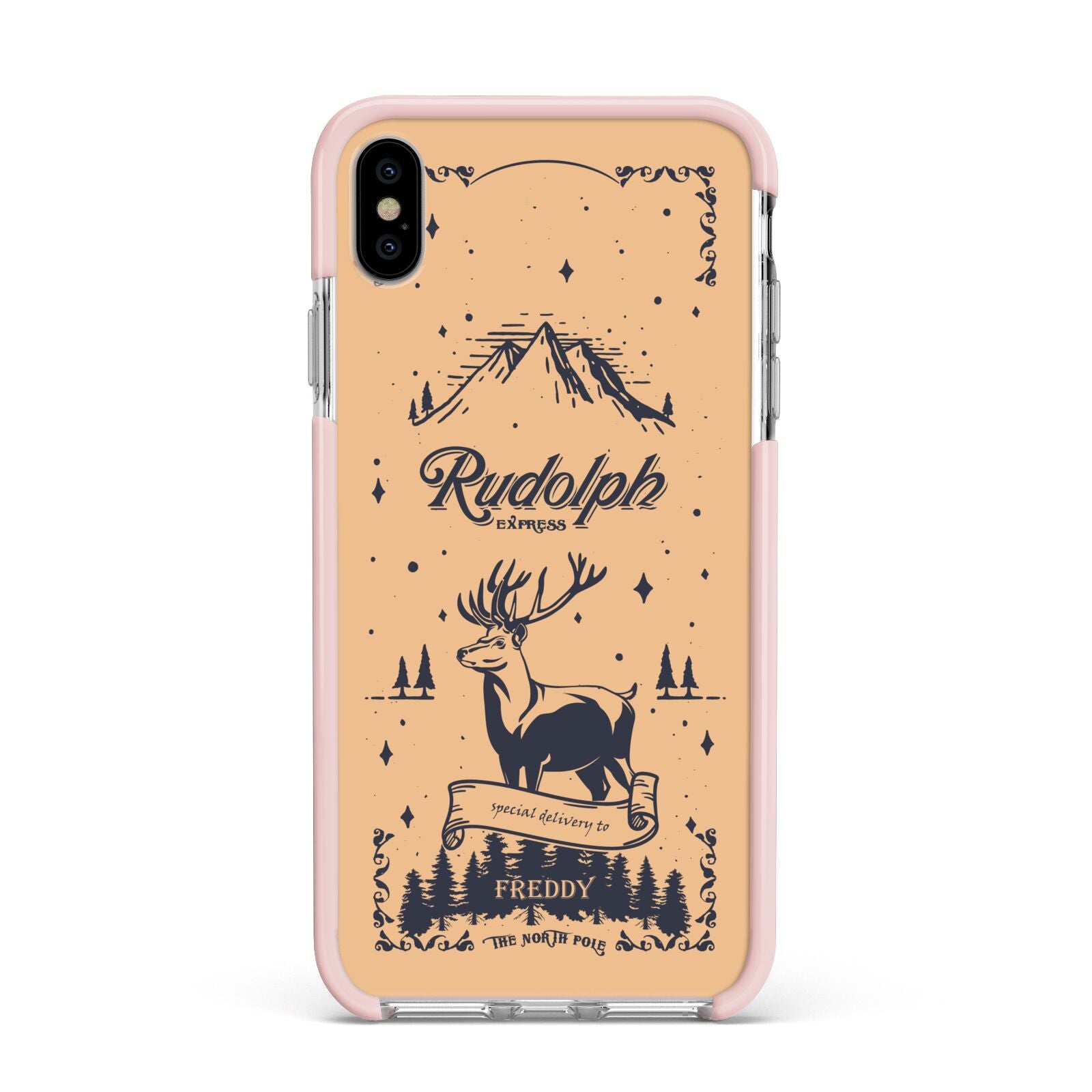 Rudolph Express Personalised Apple iPhone Xs Max Impact Case Pink Edge on Silver Phone