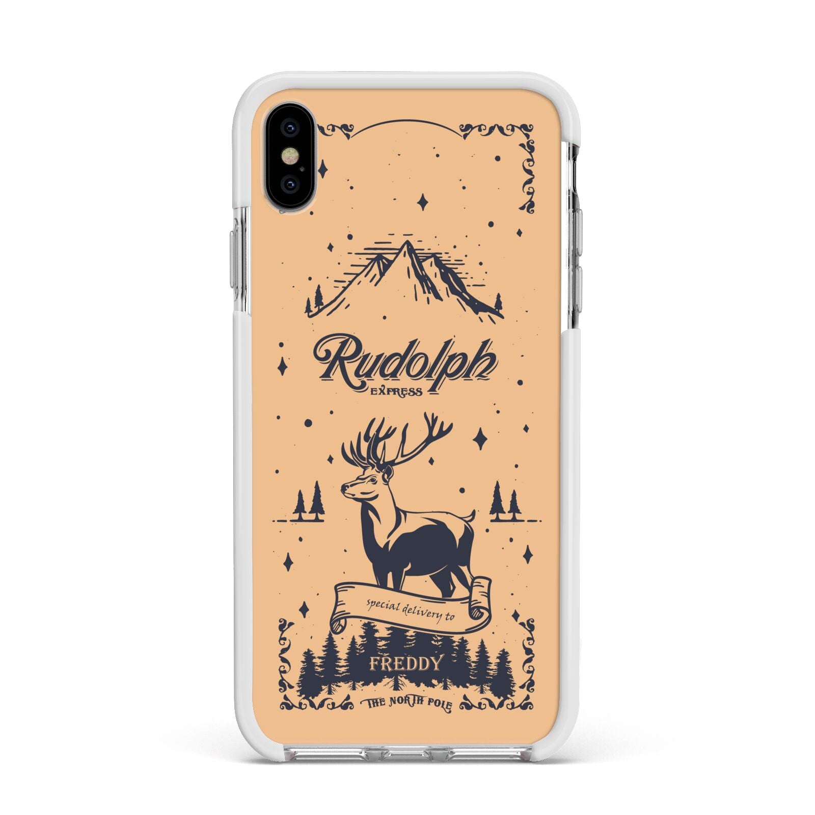 Rudolph Express Personalised Apple iPhone Xs Max Impact Case White Edge on Silver Phone