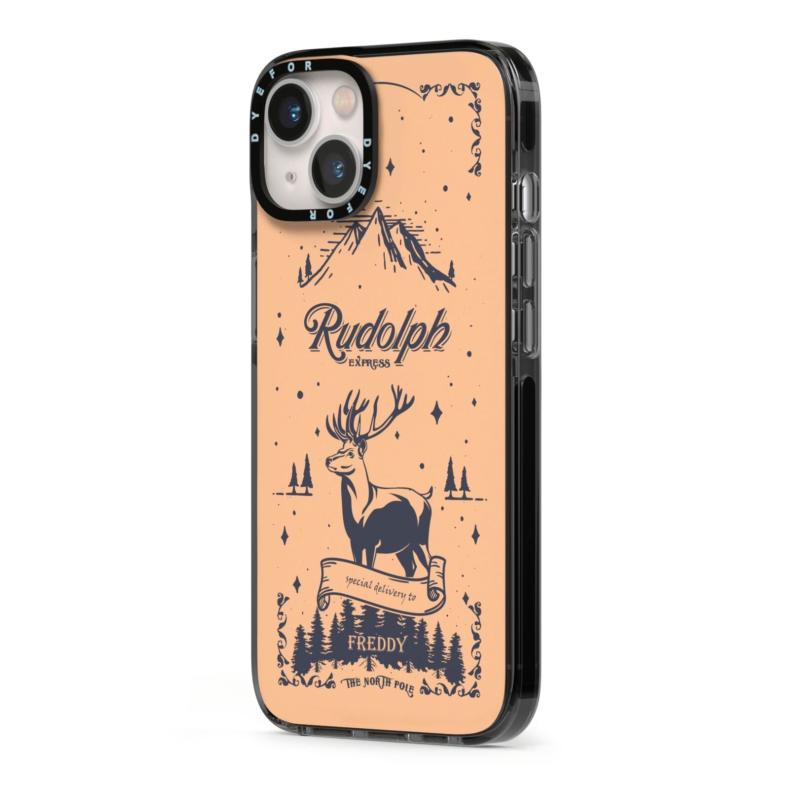 Rudolph Express Personalised iPhone 13 Black Impact Case Side Angle on Silver phone