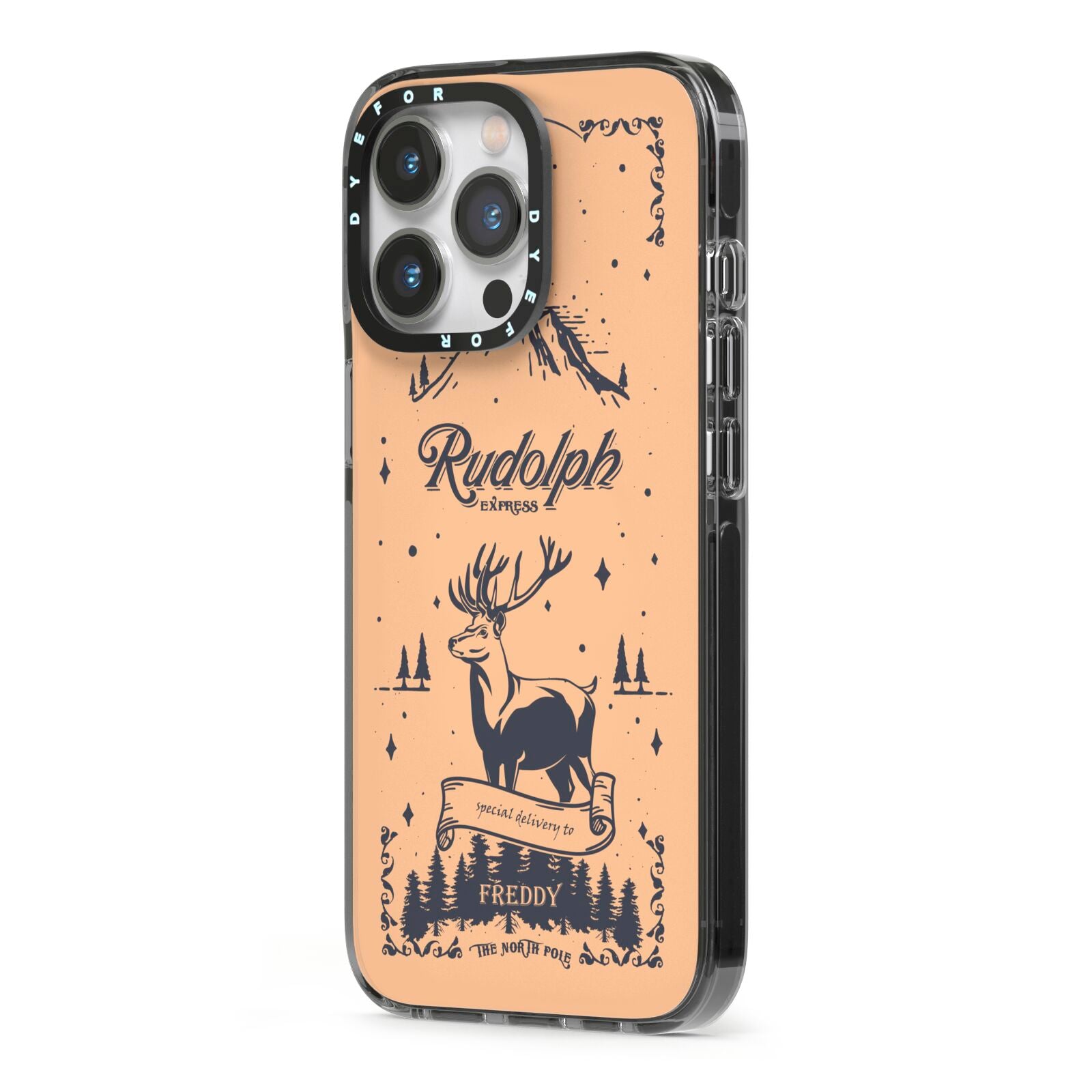 Rudolph Express Personalised iPhone 13 Pro Black Impact Case Side Angle on Silver phone