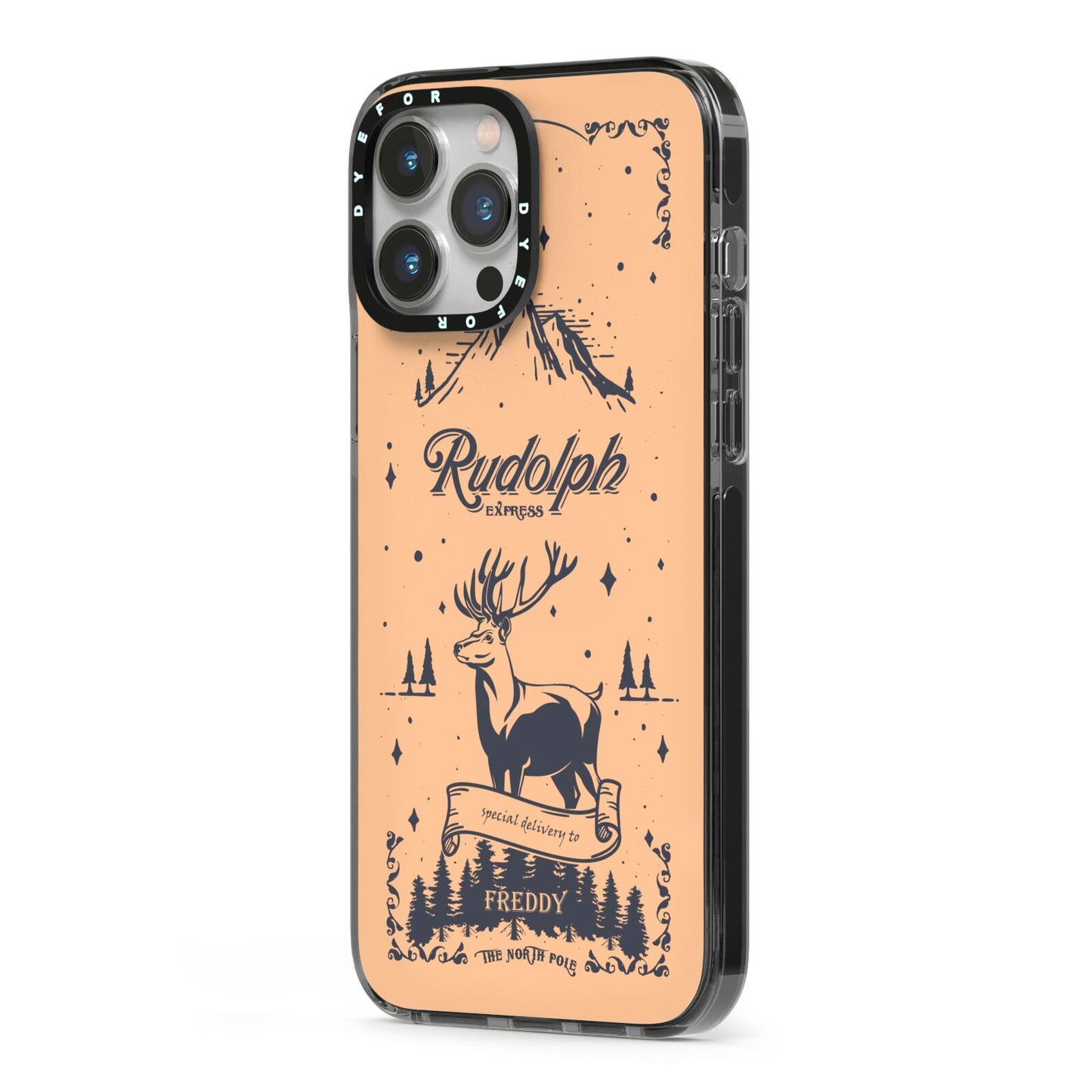 Rudolph Express Personalised iPhone 13 Pro Max Black Impact Case Side Angle on Silver phone