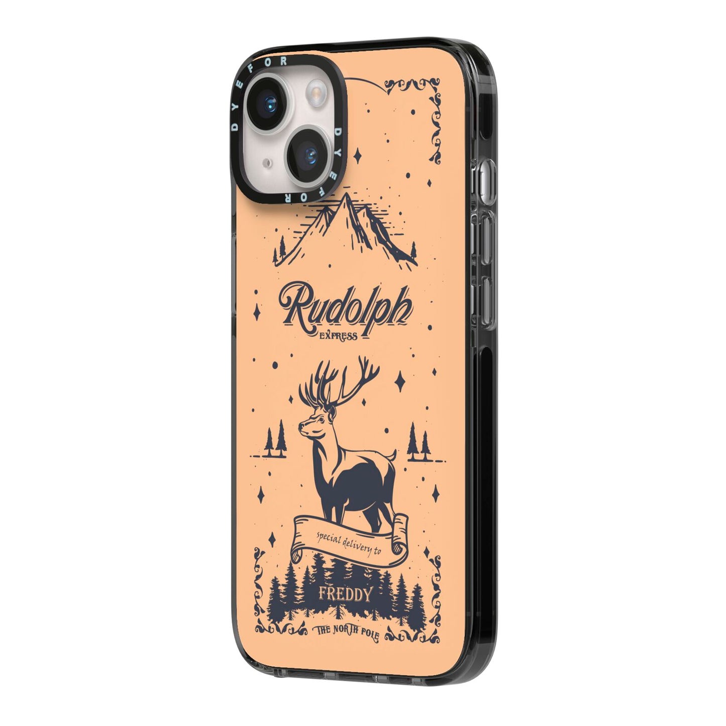 Rudolph Express Personalised iPhone 14 Black Impact Case Side Angle on Silver phone