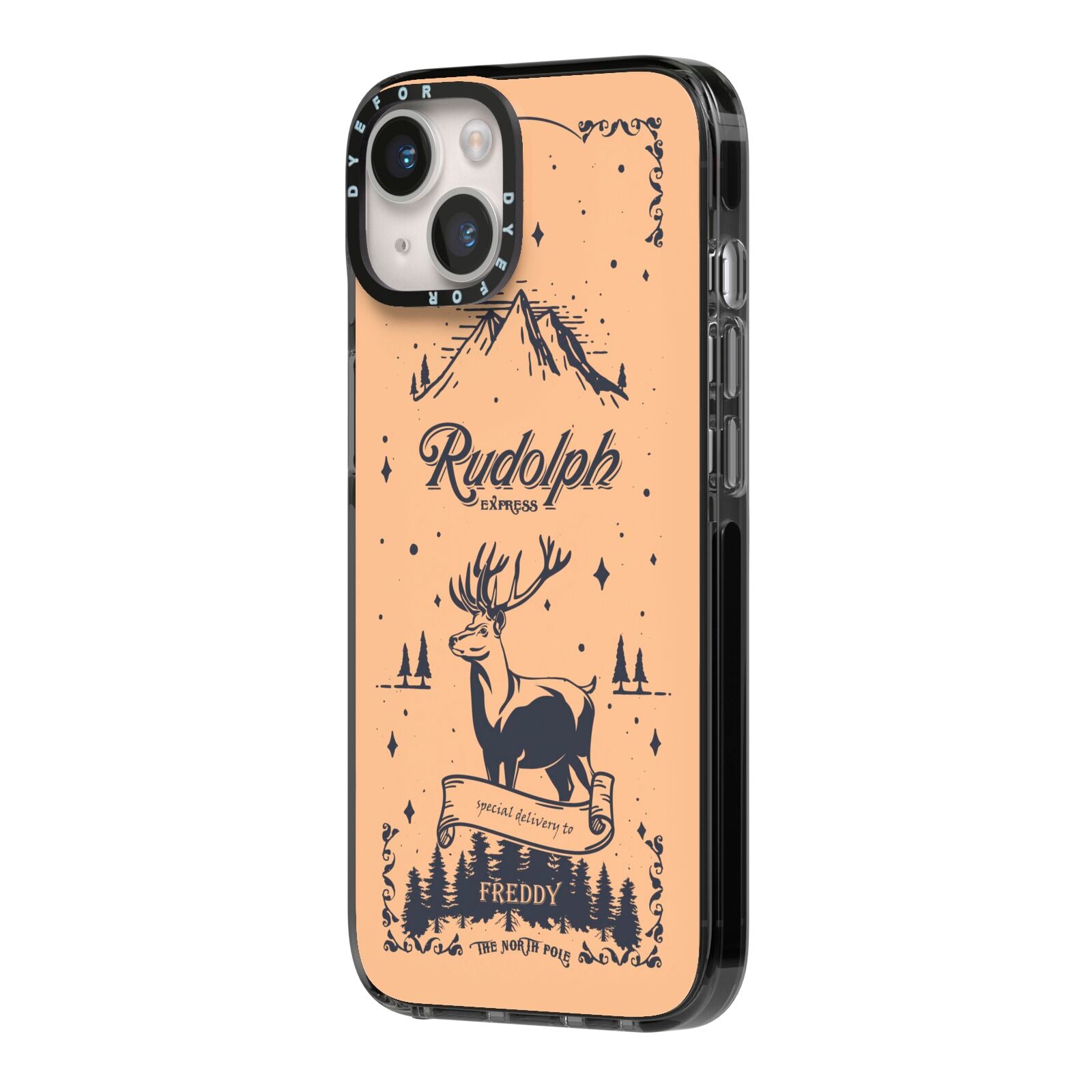 Rudolph Express Personalised iPhone 14 Black Impact Case Side Angle on Silver phone