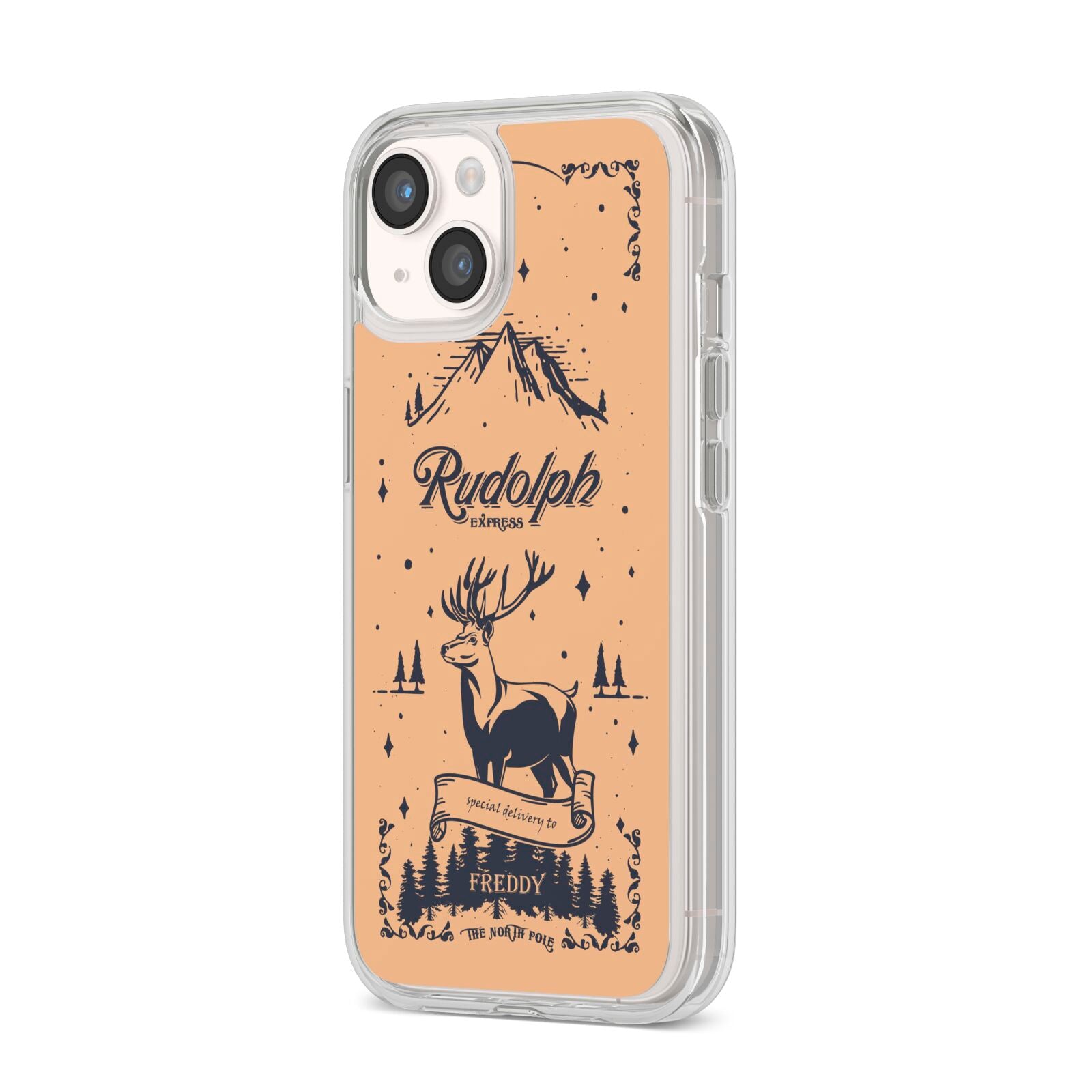 Rudolph Express Personalised iPhone 14 Clear Tough Case Starlight Angled Image