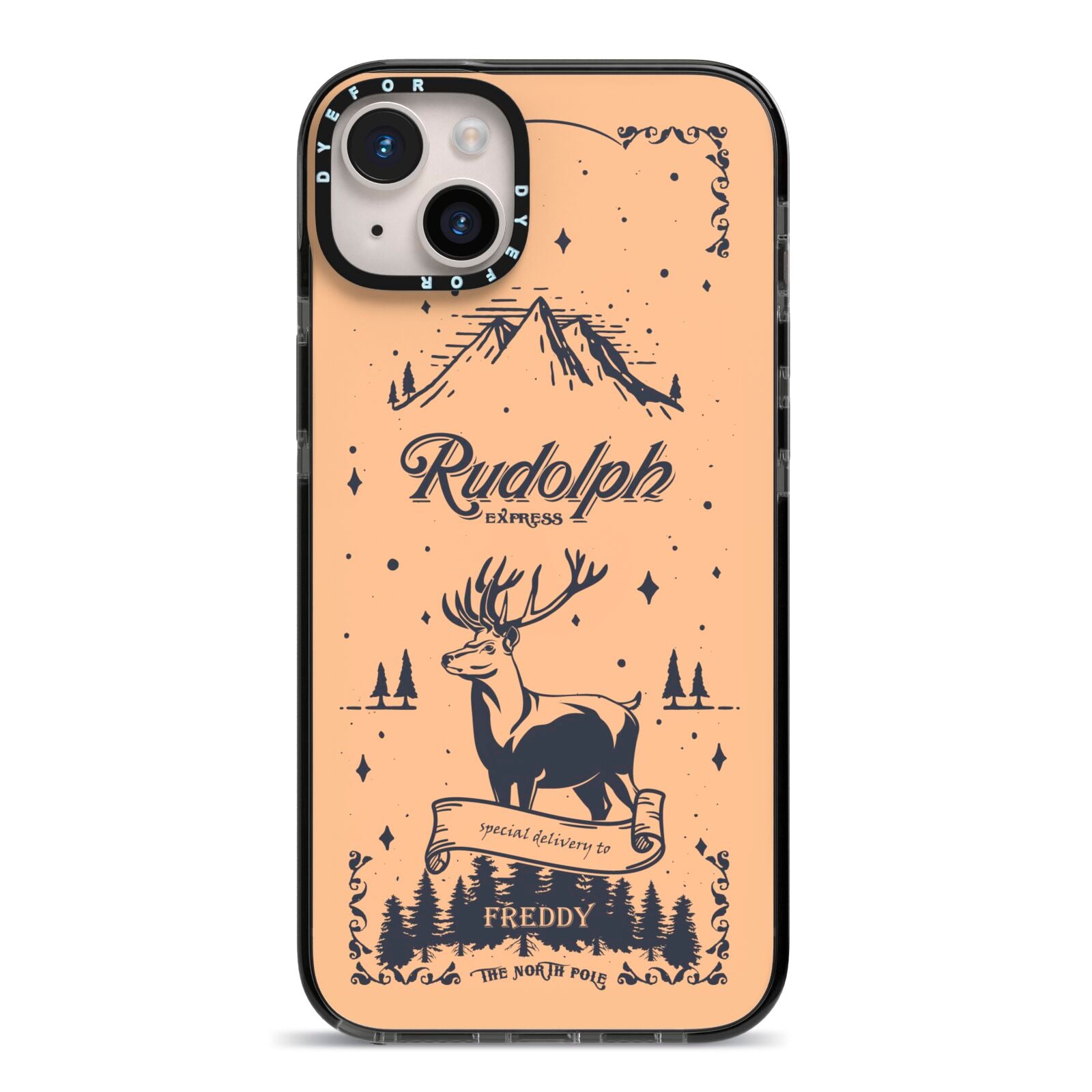 Rudolph Express Personalised iPhone 14 Plus Black Impact Case on Silver phone