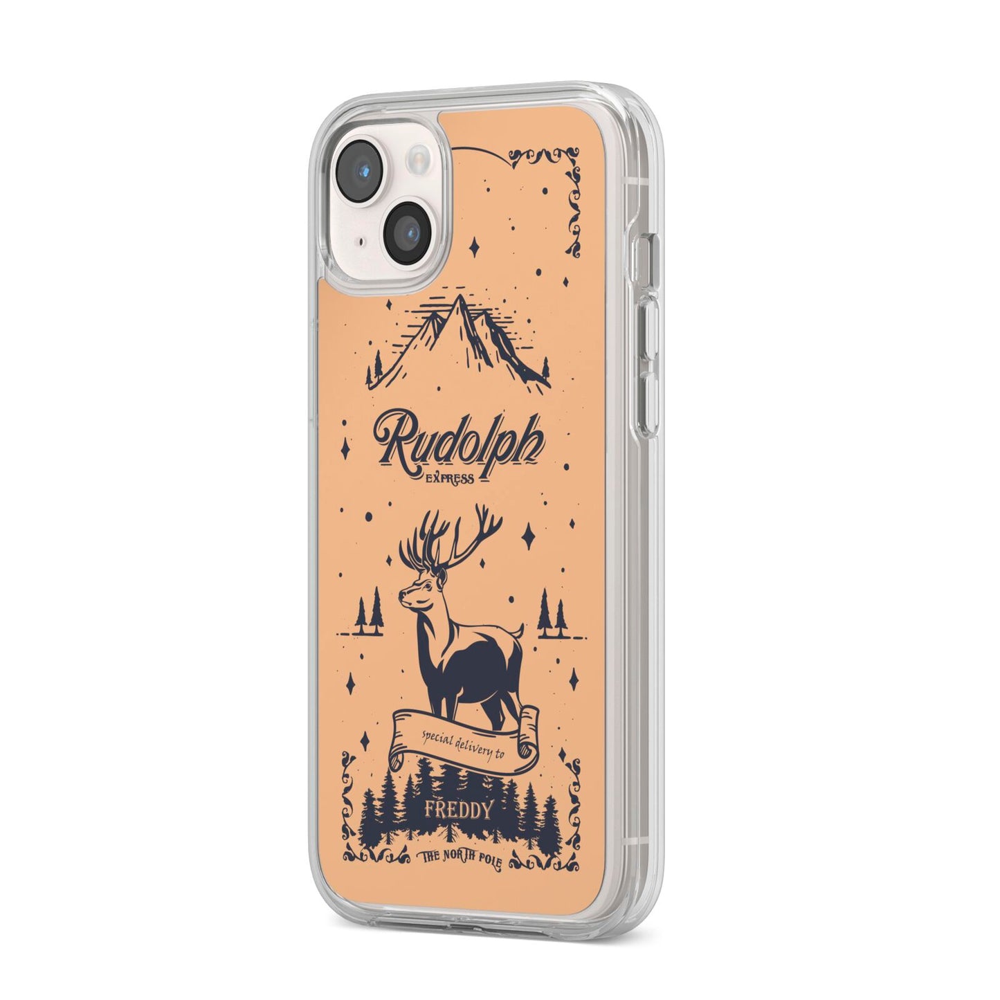 Rudolph Express Personalised iPhone 14 Plus Clear Tough Case Starlight Angled Image