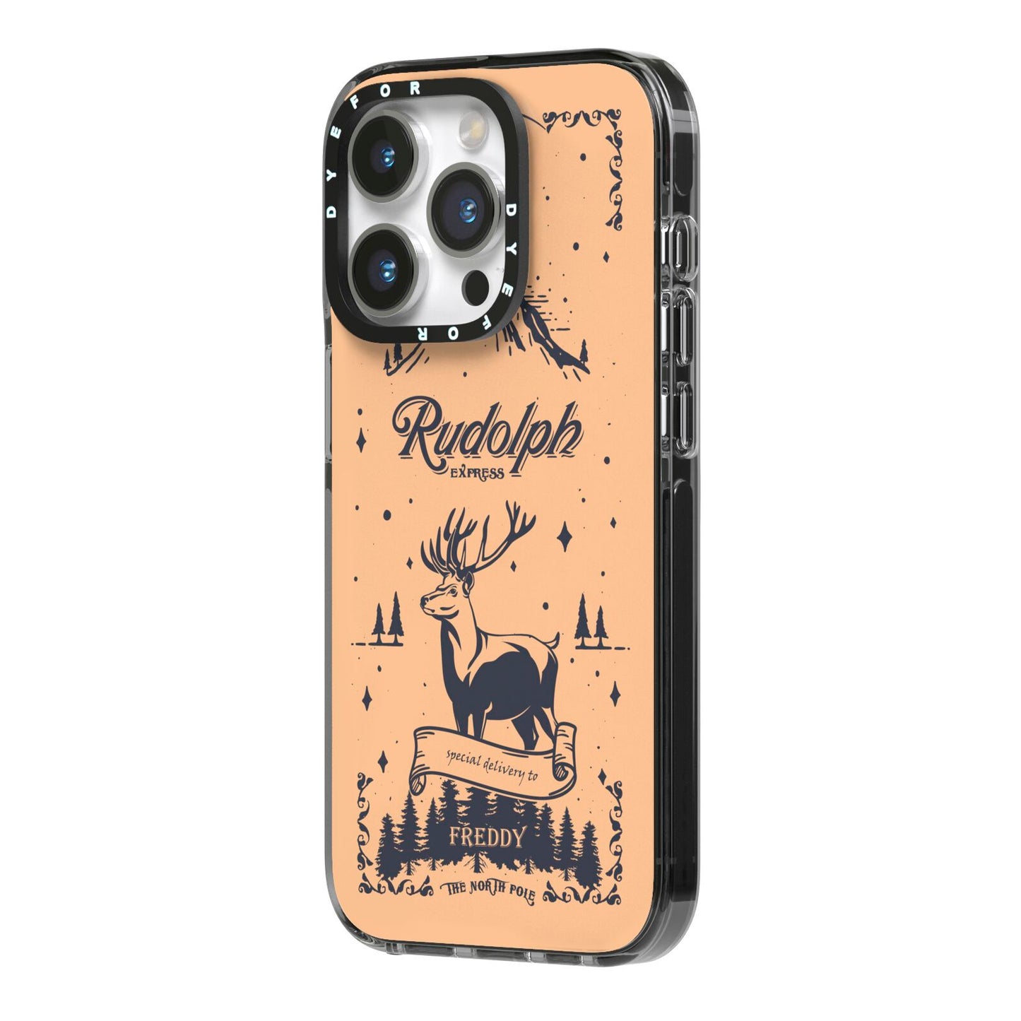 Rudolph Express Personalised iPhone 14 Pro Black Impact Case Side Angle on Silver phone