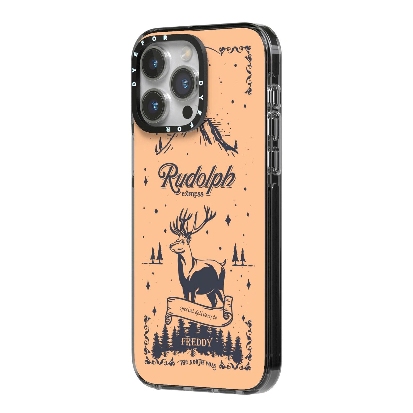 Rudolph Express Personalised iPhone 14 Pro Max Black Impact Case Side Angle on Silver phone