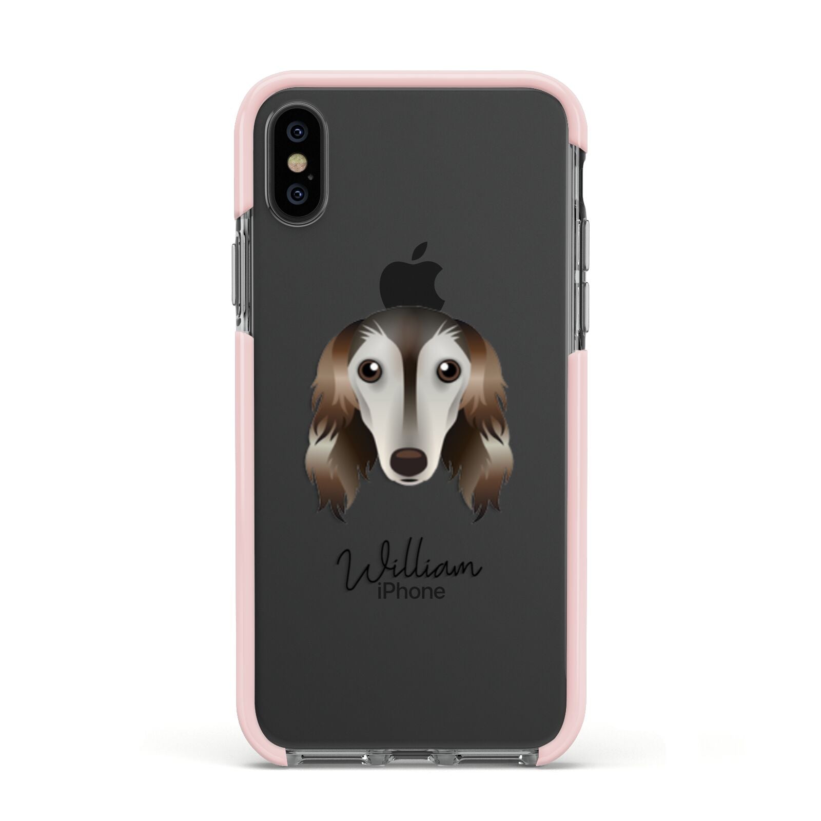 Saluki Personalised Apple iPhone Xs Impact Case Pink Edge on Black Phone