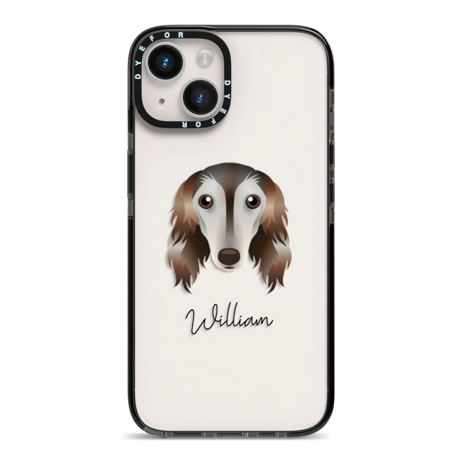 Saluki Personalised iPhone 14 Black Impact Case on Silver phone