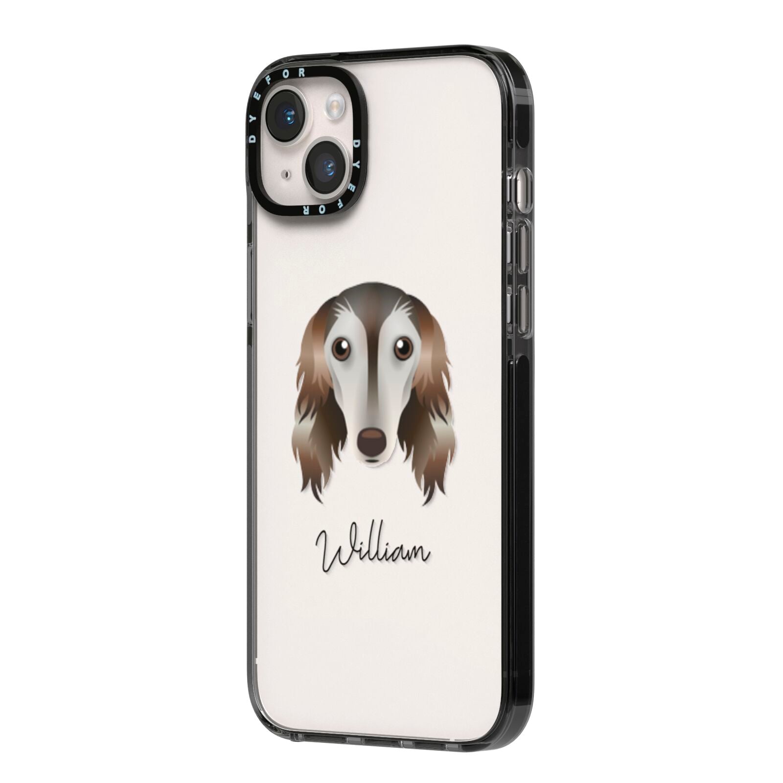 Saluki Personalised iPhone 14 Plus Black Impact Case Side Angle on Silver phone