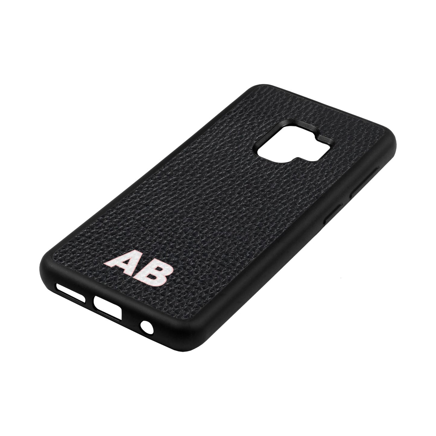 Sans Serif Initials Black Pebble Leather Samsung S9 Case Side Angle