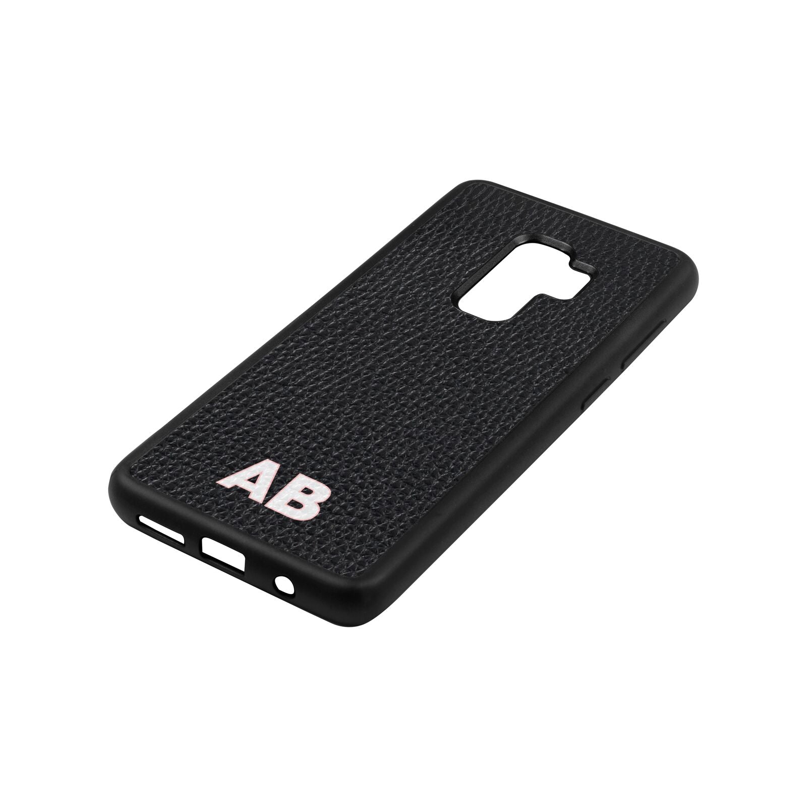 Sans Serif Initials Black Pebble Leather Samsung S9 Plus Case Side Angle
