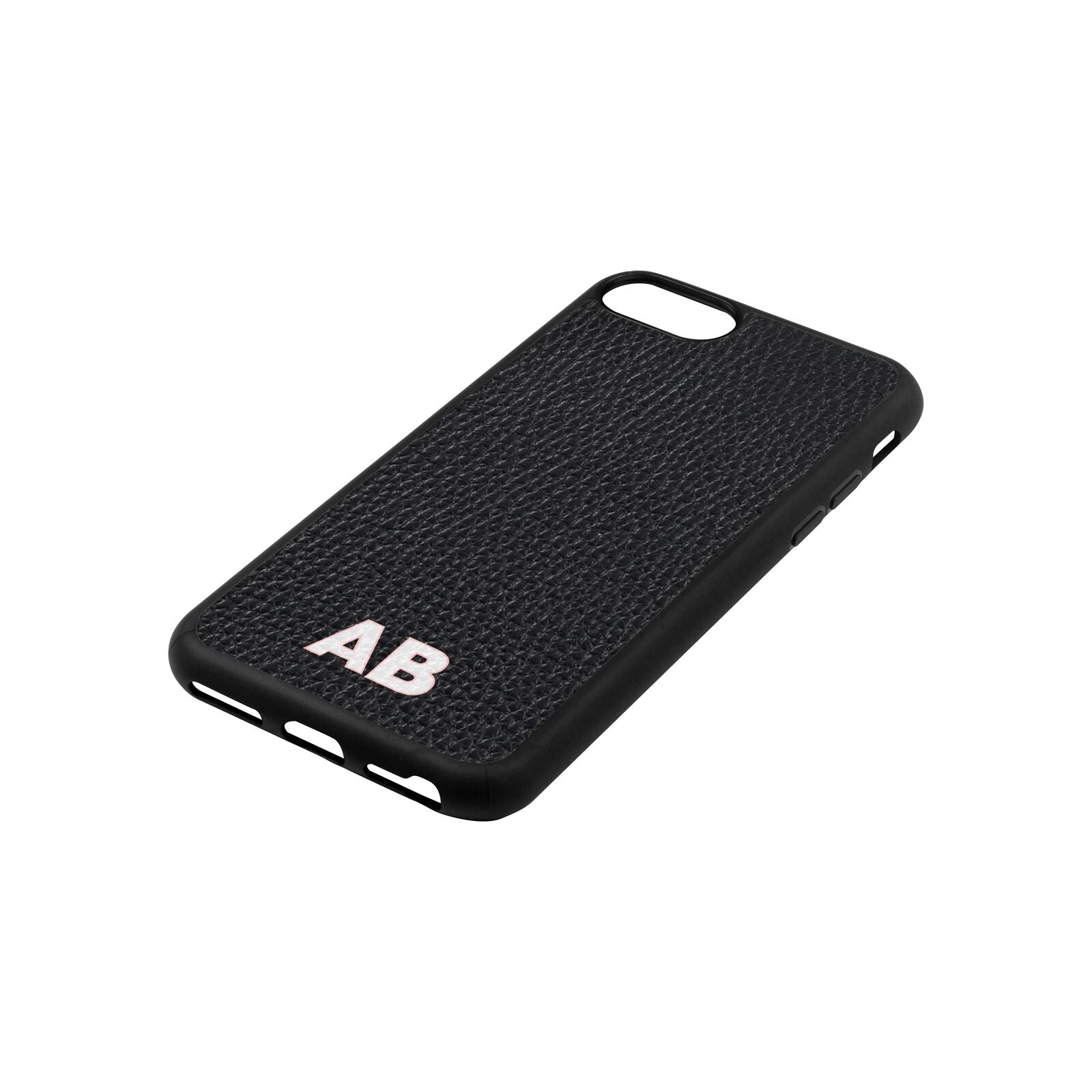 Sans Serif Initials Black Pebble Leather iPhone 8 Case Side Angle