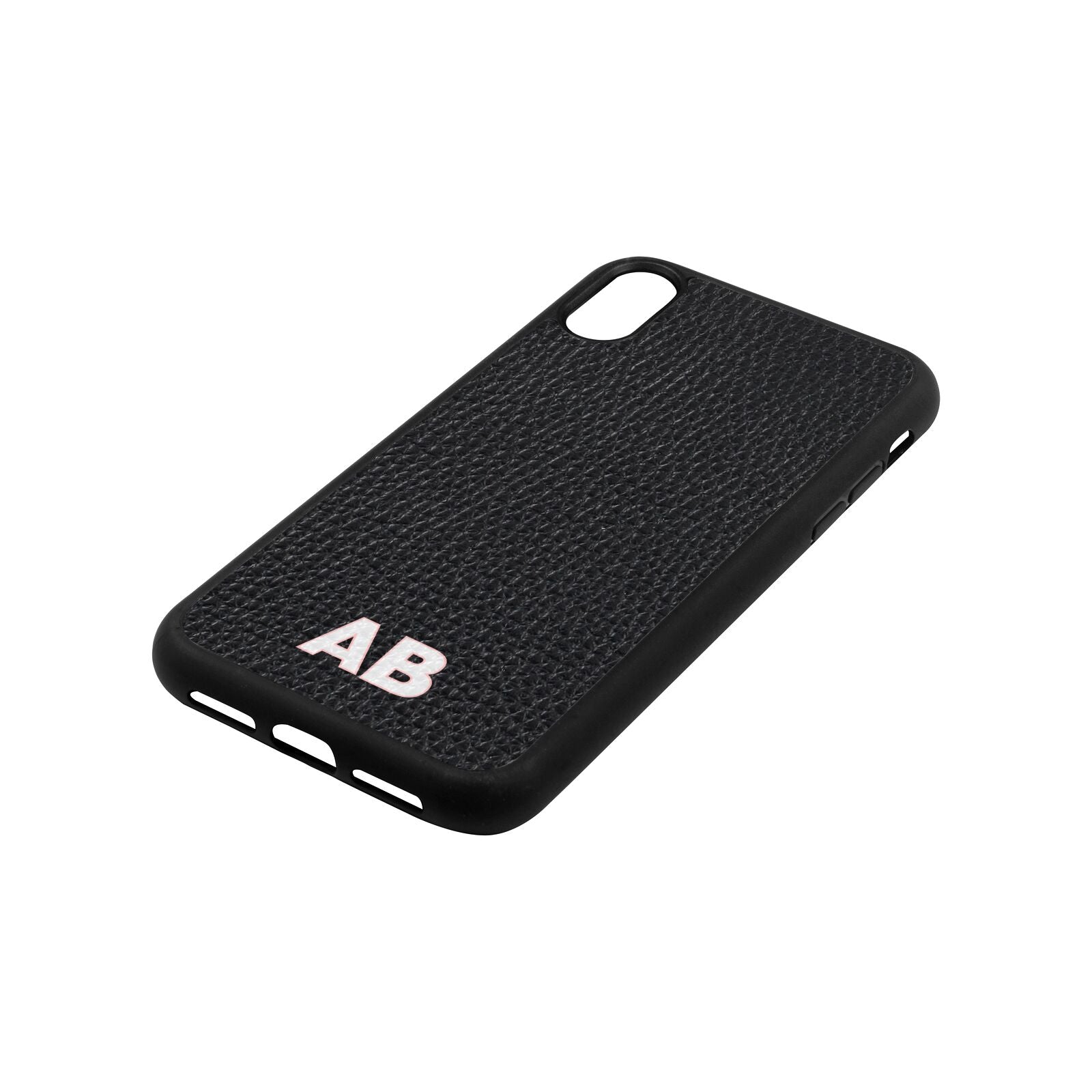 Sans Serif Initials Black Pebble Leather iPhone Xr Case Side Angle