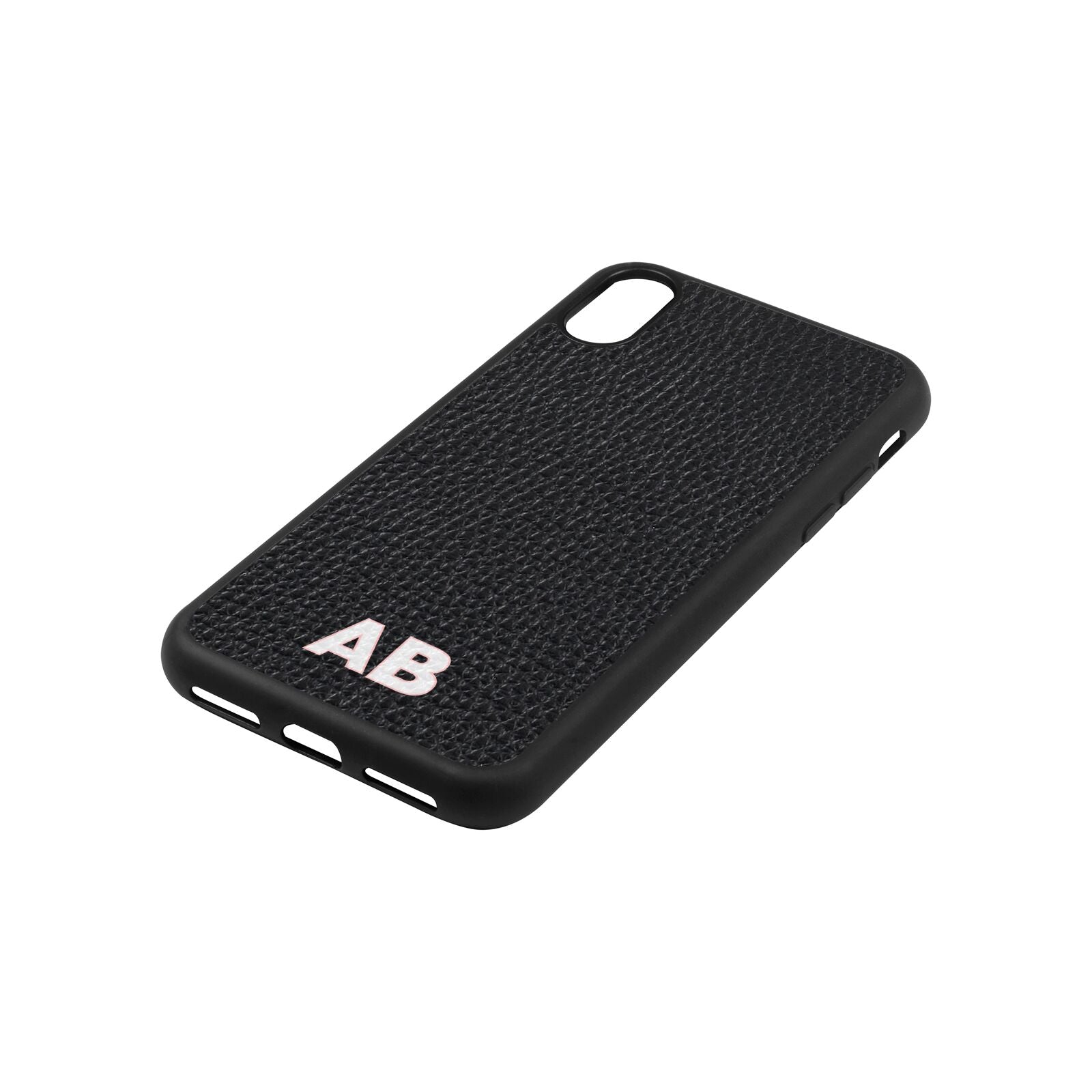 Sans Serif Initials Black Pebble Leather iPhone Xs Case Side Angle