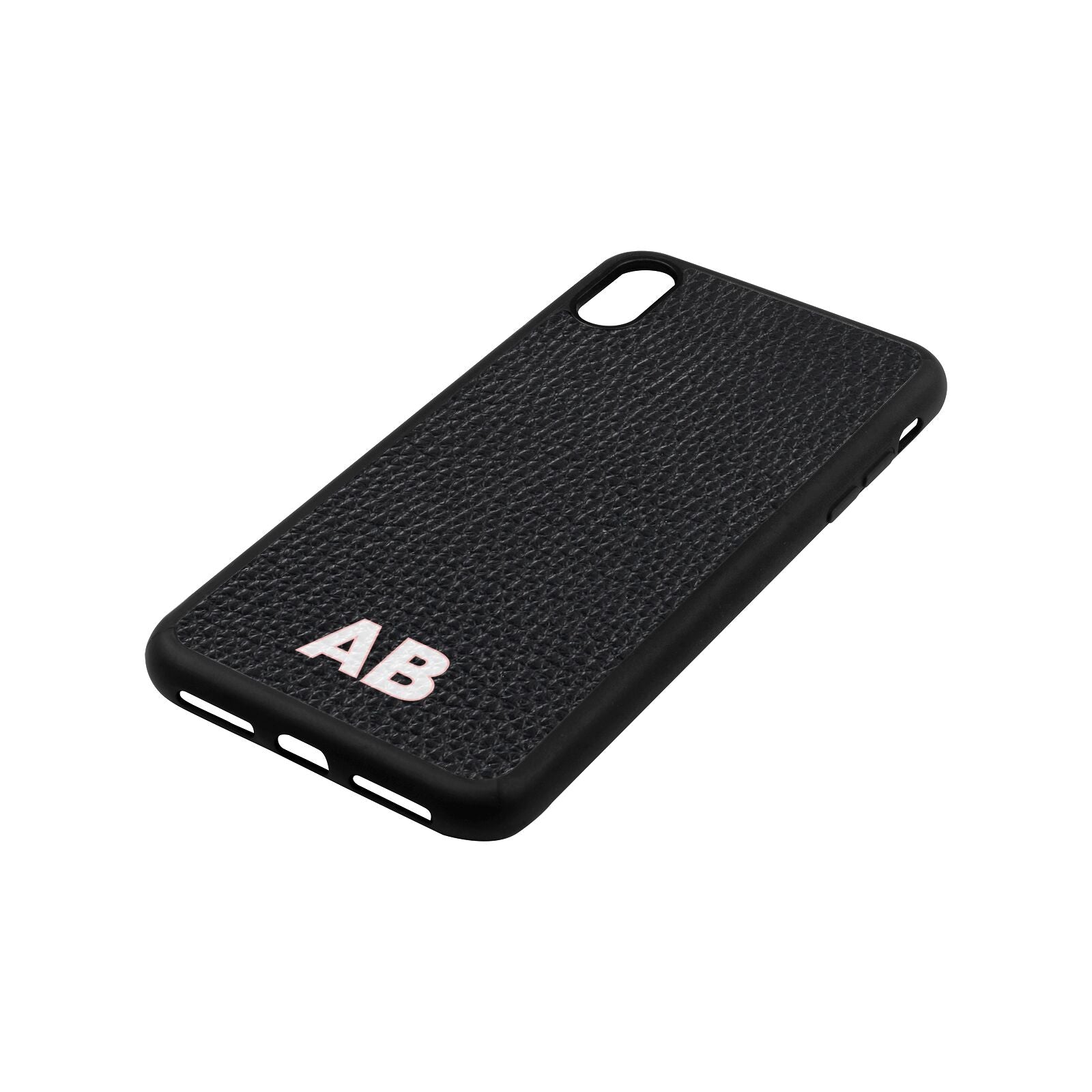 Sans Serif Initials Black Pebble Leather iPhone Xs Max Case Side Angle