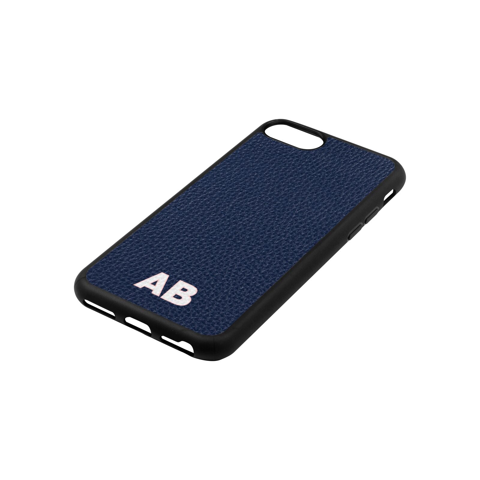 Sans Serif Initials Navy Blue Pebble Leather iPhone 8 Case Side Angle