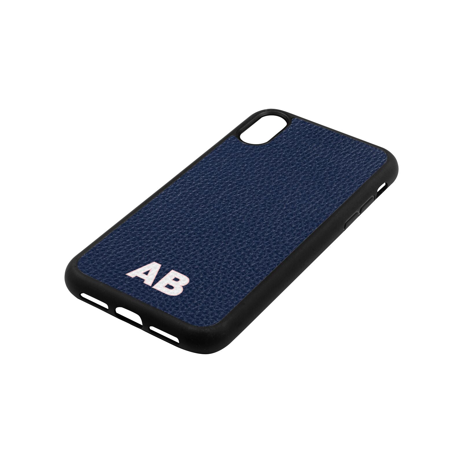 Sans Serif Initials Navy Blue Pebble Leather iPhone Xr Case Side Angle