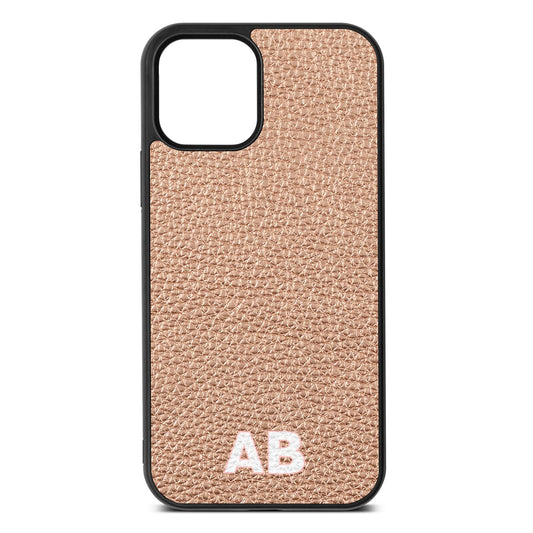 Sans Serif Initials Rose Gold Pebble Leather iPhone 12 Case