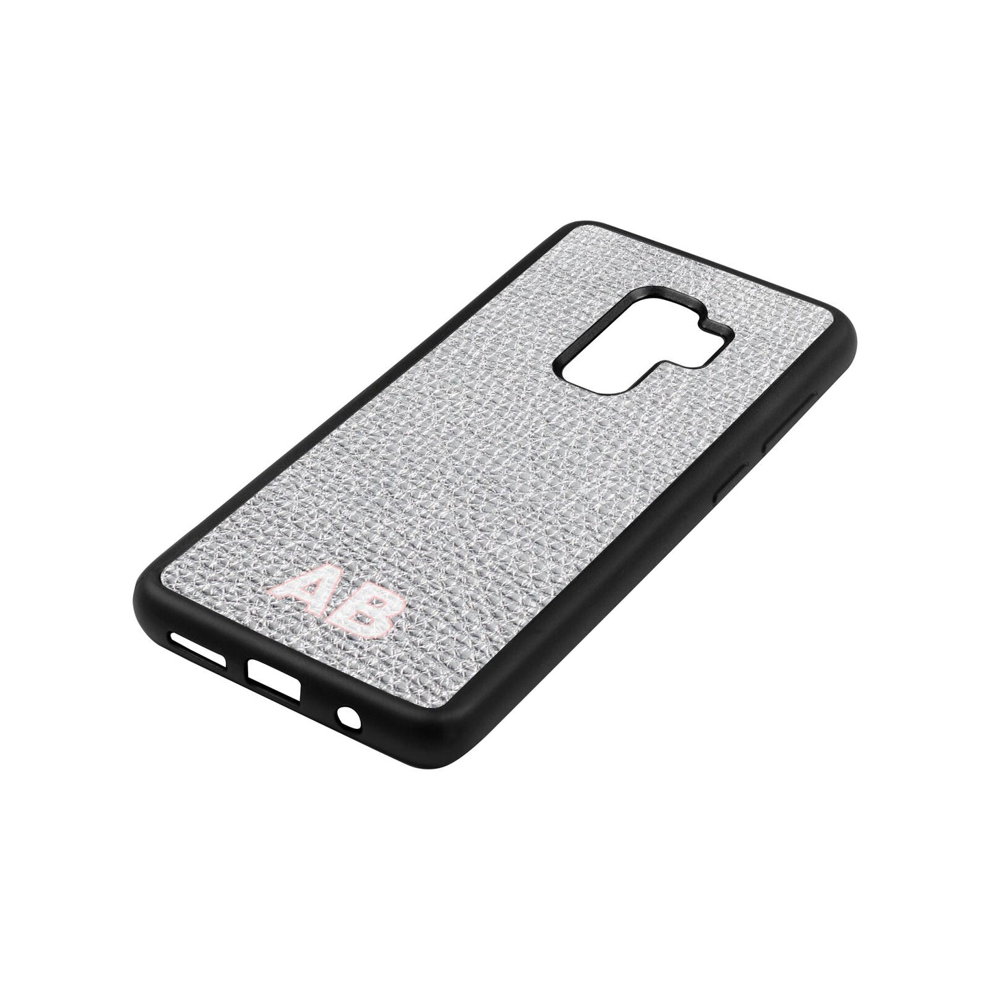 Sans Serif Initials Silver Pebble Leather Samsung S9 Plus Case Side Angle