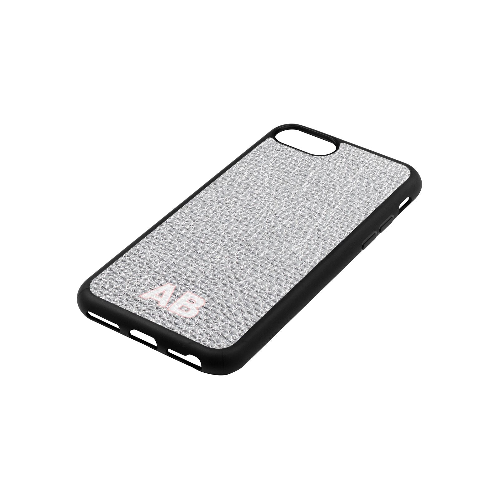 Sans Serif Initials Silver Pebble Leather iPhone 8 Case Side Angle