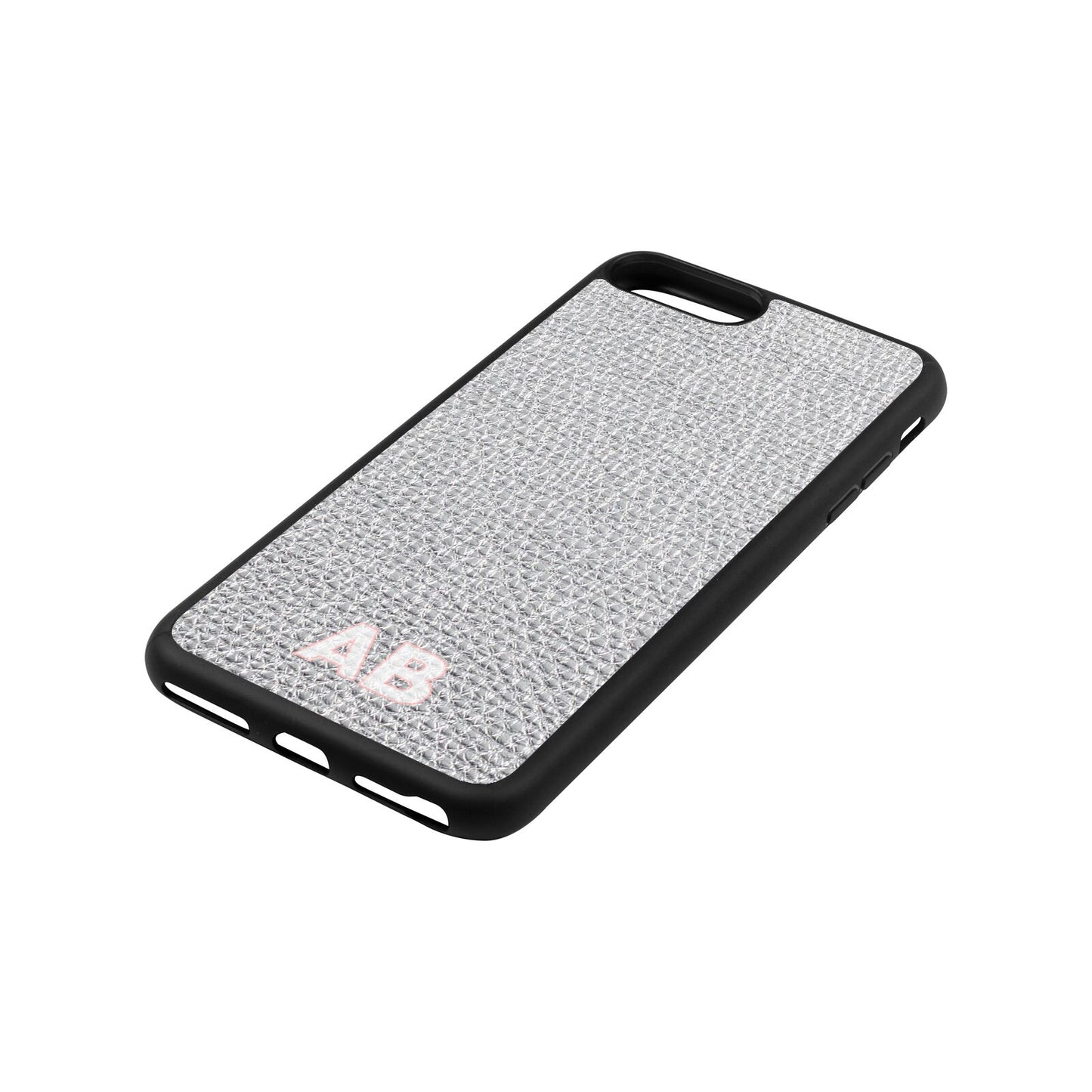 Sans Serif Initials Silver Pebble Leather iPhone 8 Plus Case Side Angle