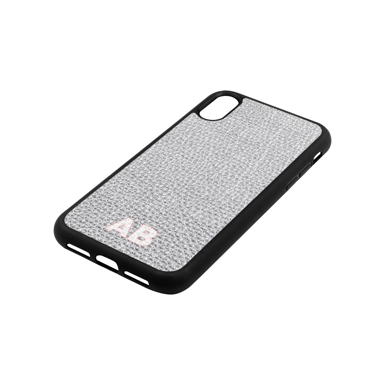 Sans Serif Initials Silver Pebble Leather iPhone Xr Case Side Angle