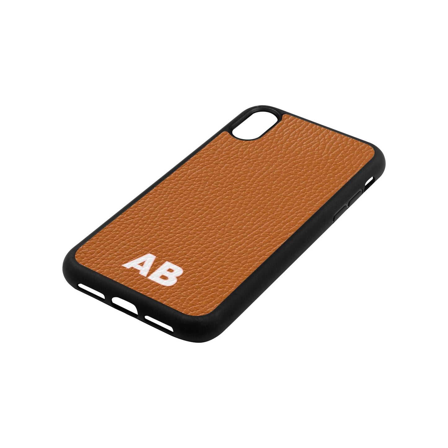 Sans Serif Initials Tan Pebble Leather iPhone Xr Case Side Angle