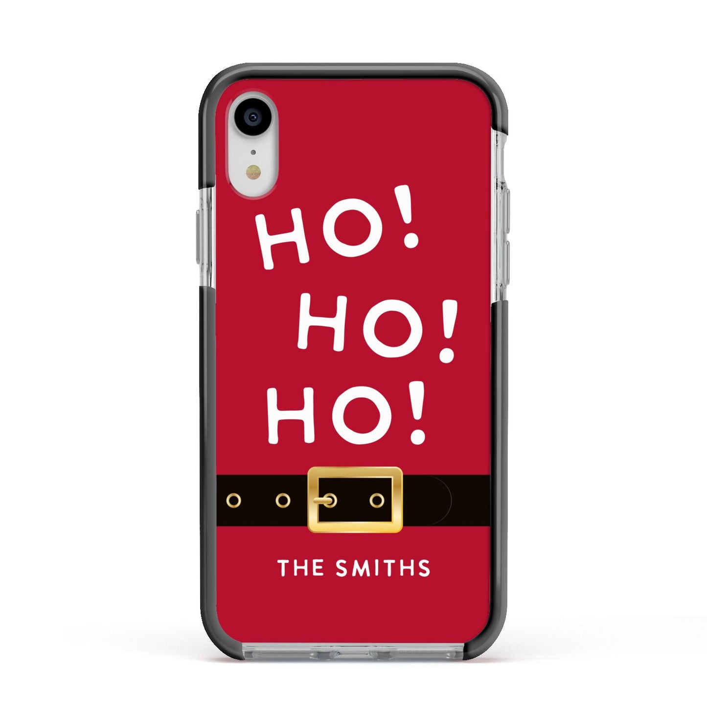 Santa Belt Personalised Apple iPhone XR Impact Case Black Edge on Silver Phone