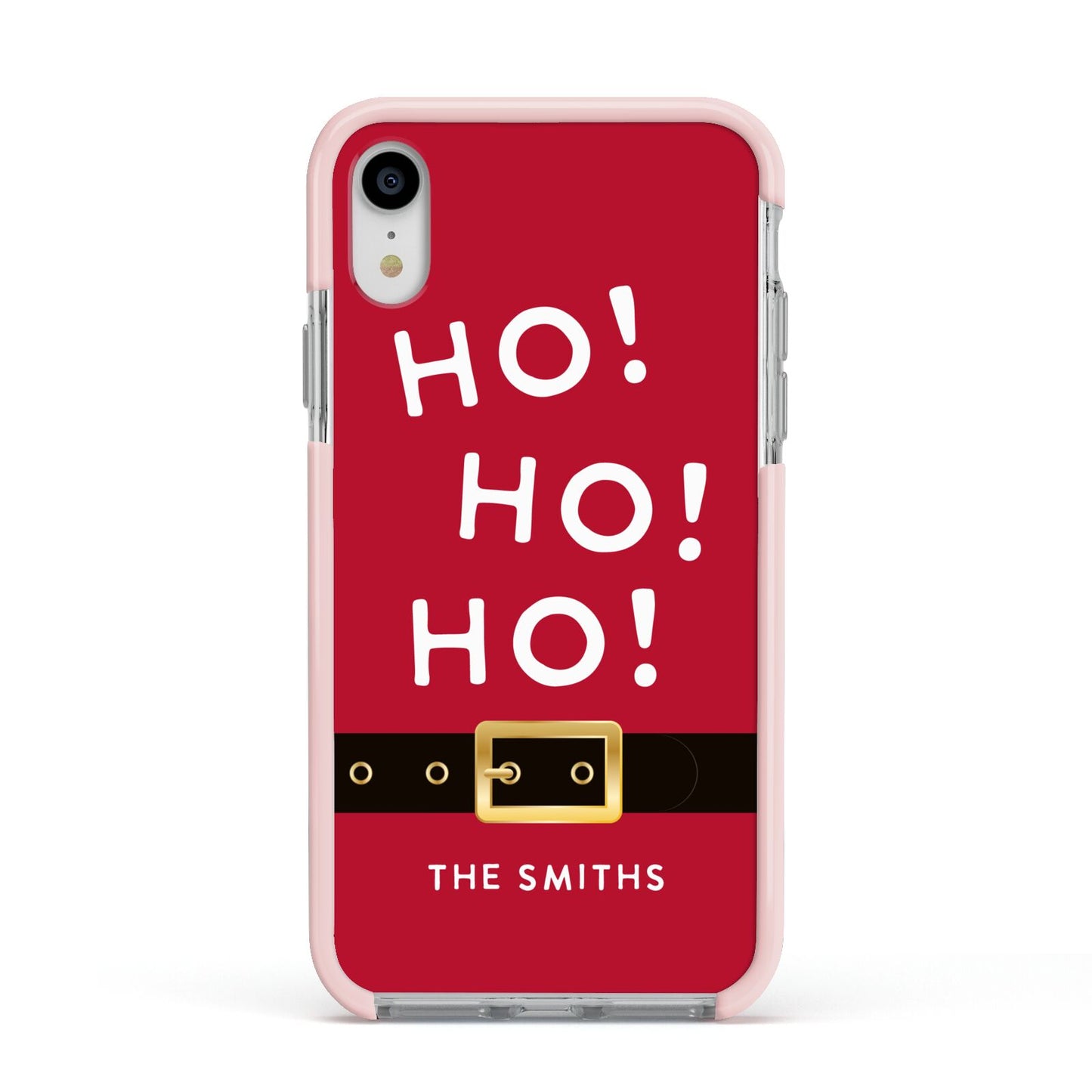 Santa Belt Personalised Apple iPhone XR Impact Case Pink Edge on Silver Phone