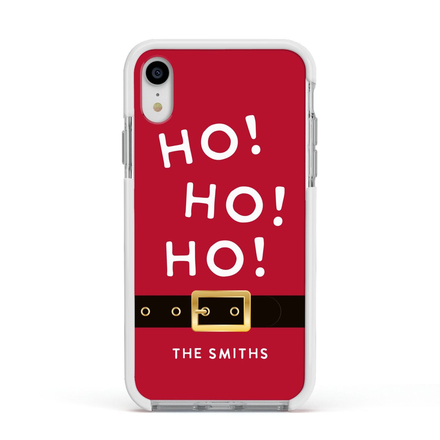 Santa Belt Personalised Apple iPhone XR Impact Case White Edge on Silver Phone