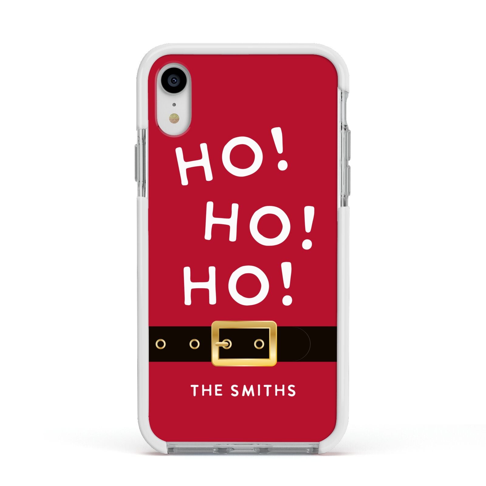 Santa Belt Personalised Apple iPhone XR Impact Case White Edge on Silver Phone